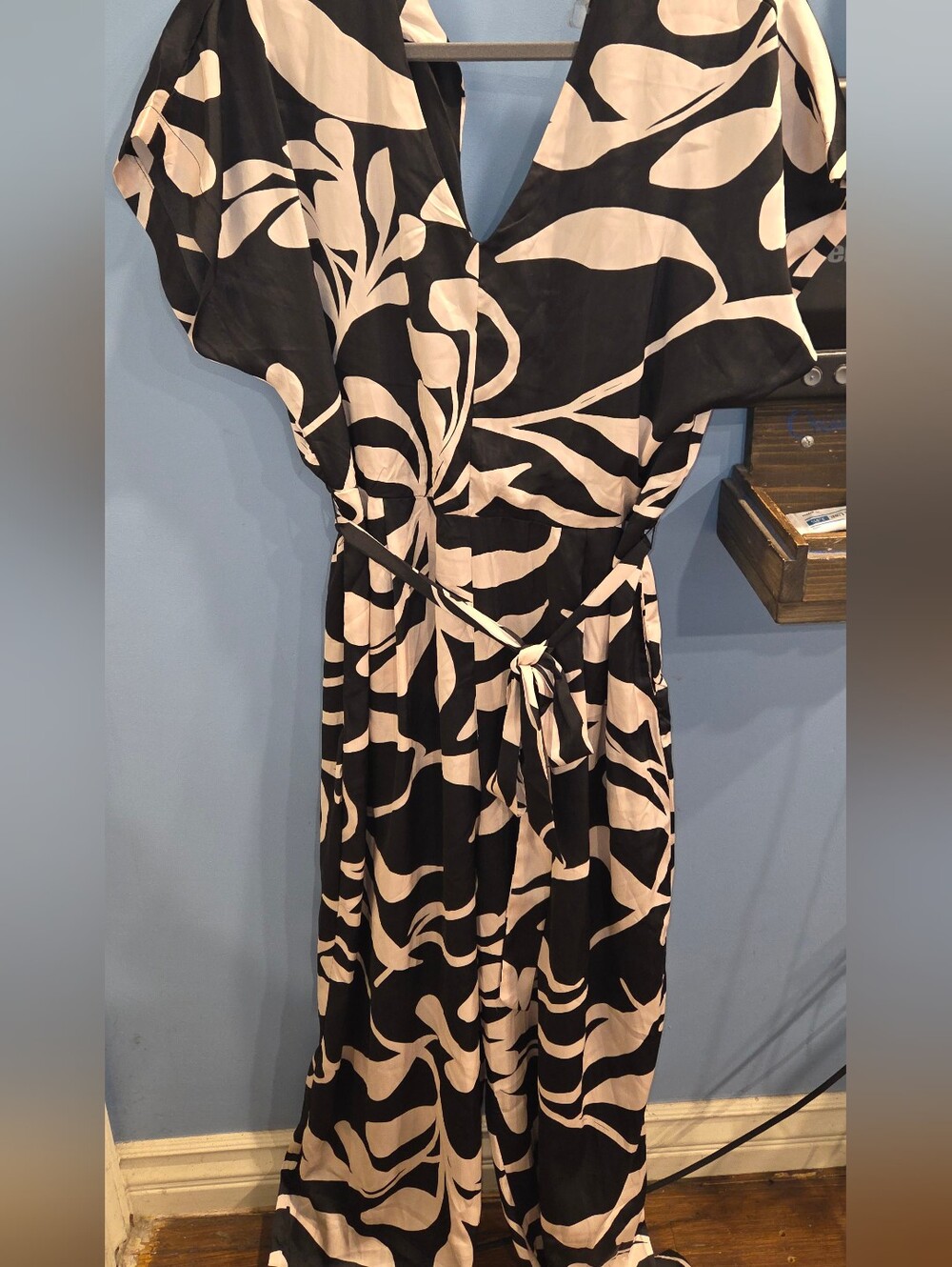 Luxology Black and Cream Printed Wrap Jumpsuit